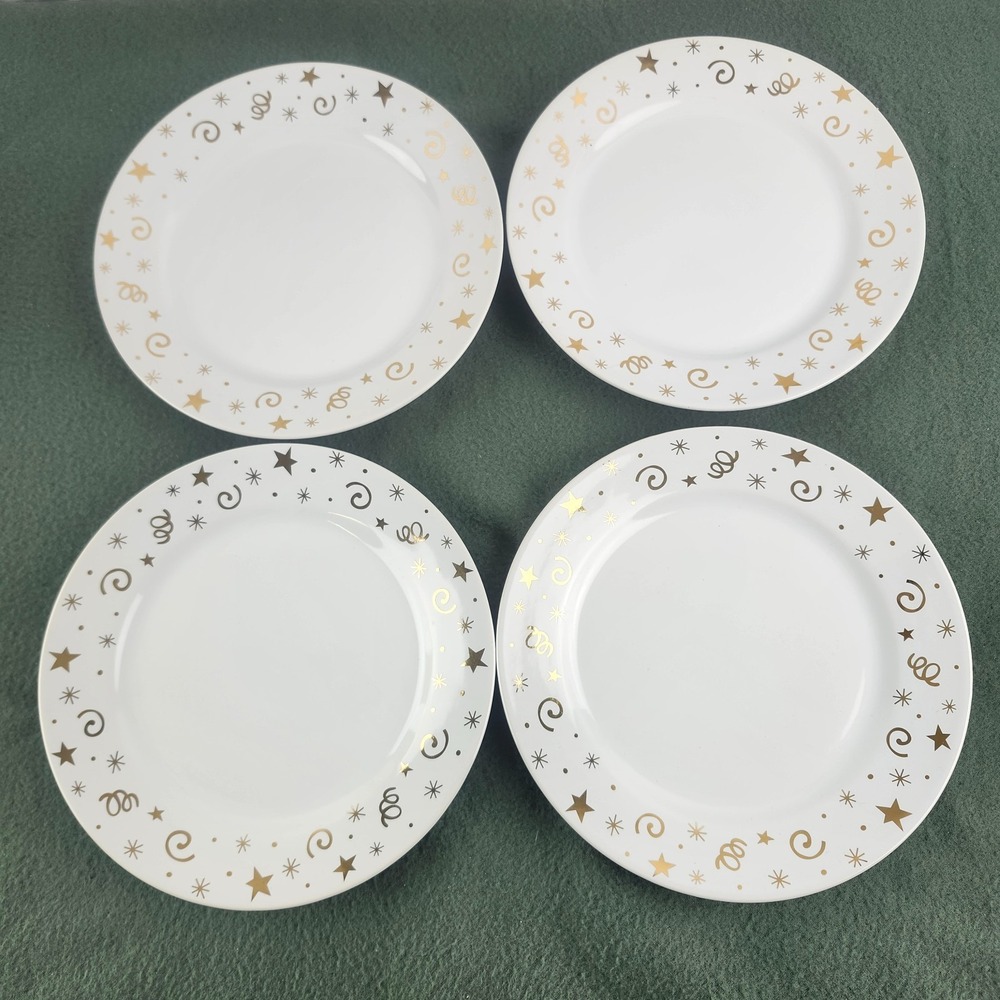 Set Of 4 Pampered Chef Celebration Dessert/Salad Plates Gold Stars 8"